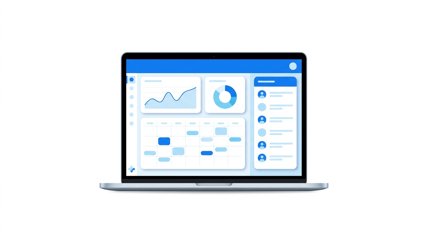 Clinic management software dashboard on a laptop in a modern medical clinic