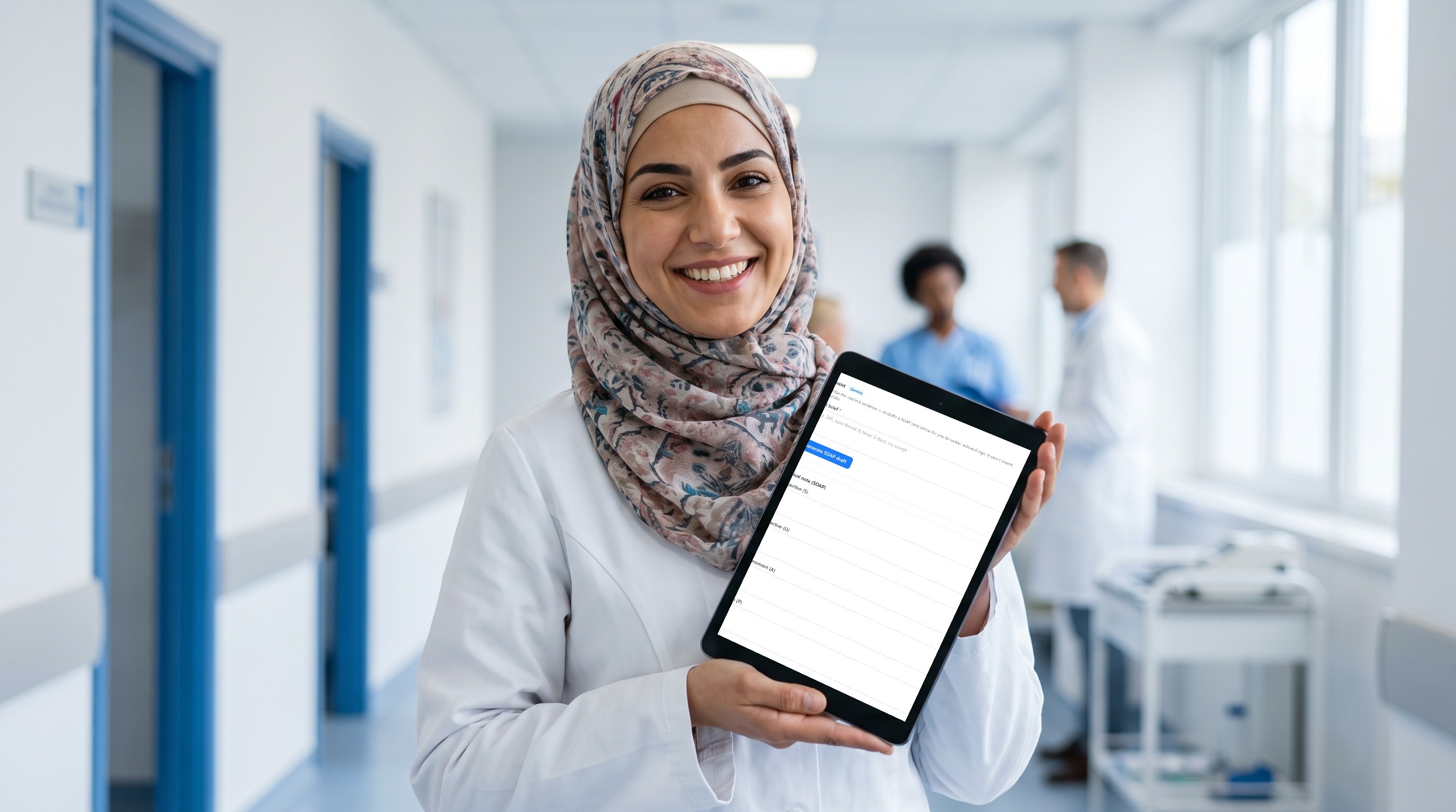 Doctor using MediCore on a tablet in a clinic corridor