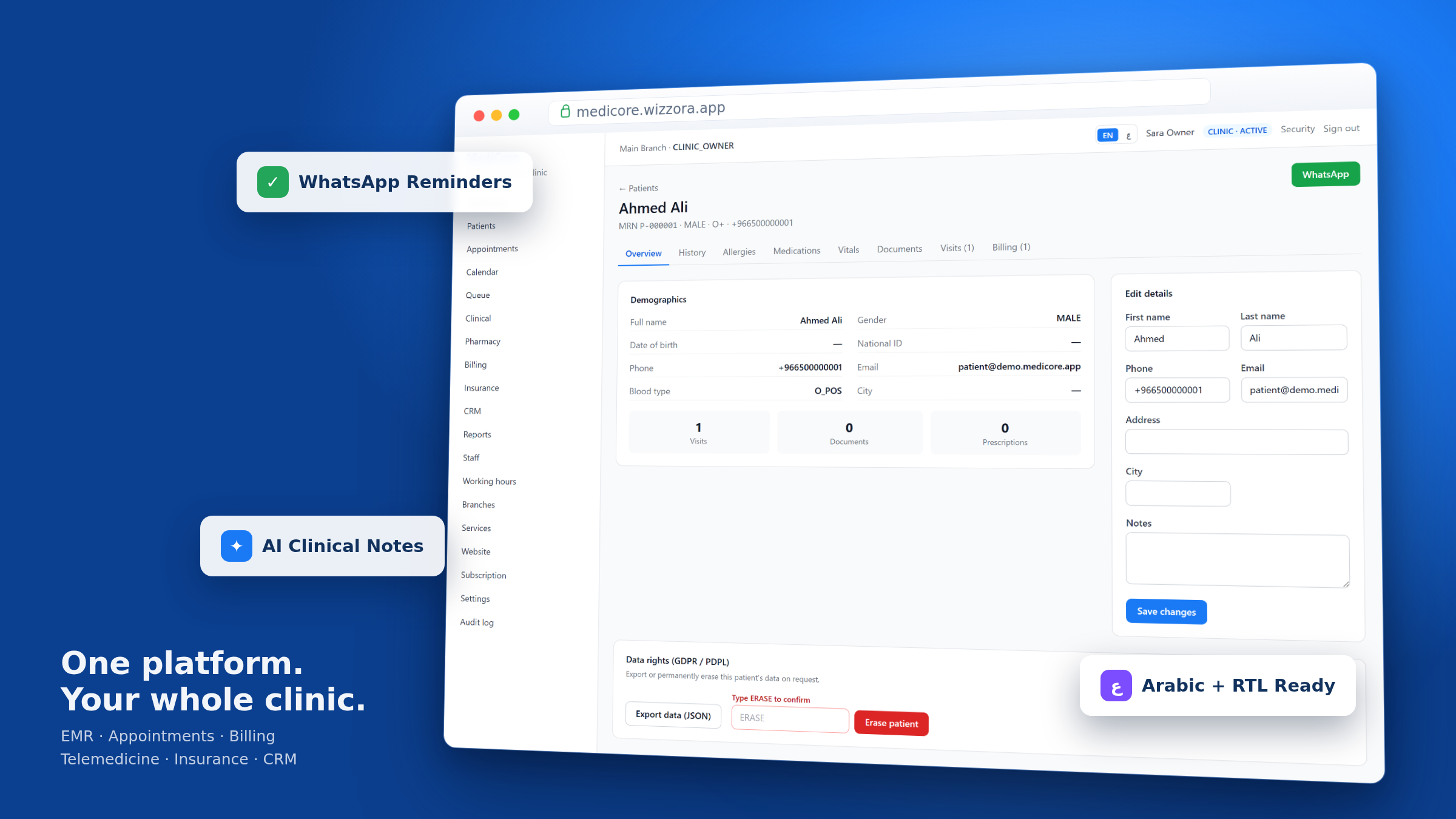 MediCore — one platform for your whole clinic: patient chart with WhatsApp reminders, AI clinical notes and Arabic/RTL